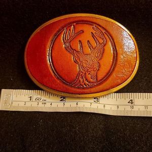 Vintg DeerHuntr Belt Buckle with leather inser 1 Buck, Bergamot Brass Works,1985